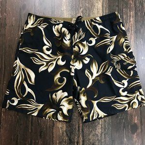 SPEEDO Swim Trunks Large Hawaiian Board Shorts Mesh Lining Pockets Navy Brown